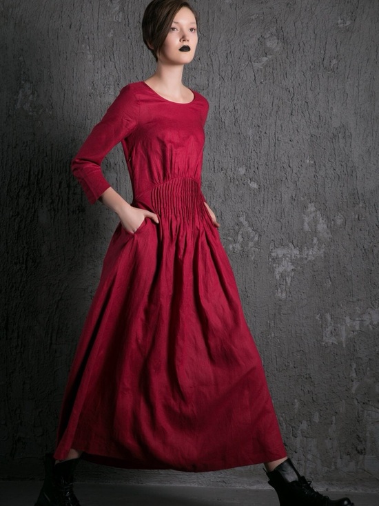 Dresses & Skirts - YLISTYLE Red Linen Maxi Dress - Raspberry Fit & Flare with Pintuck Pleated Waist